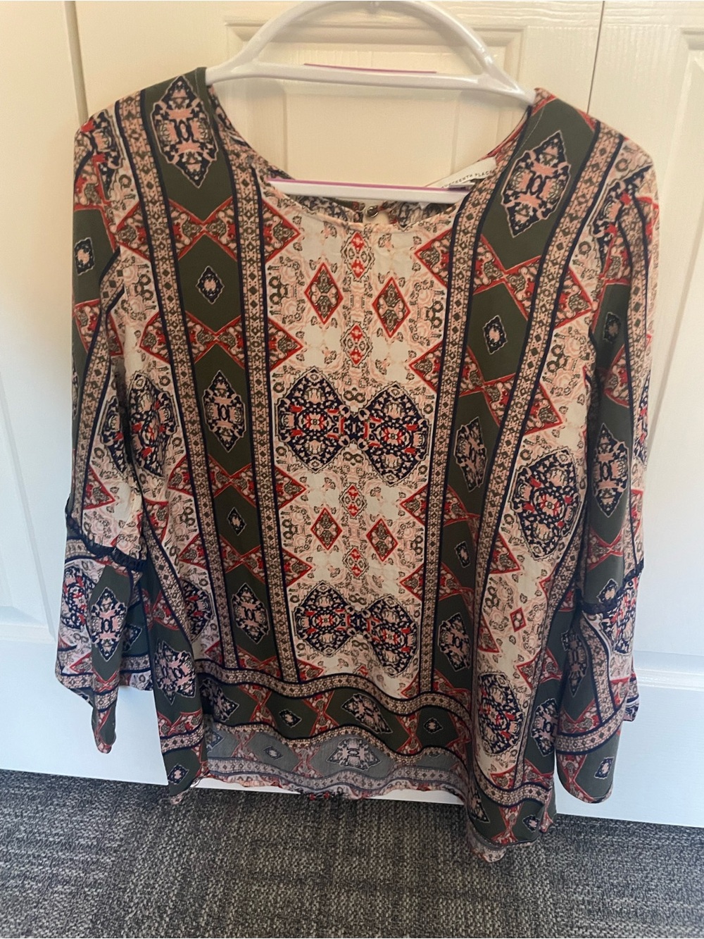 Printed Bell -Sleeve Bohemian Blouse in Olive and Cream, lace trim XL